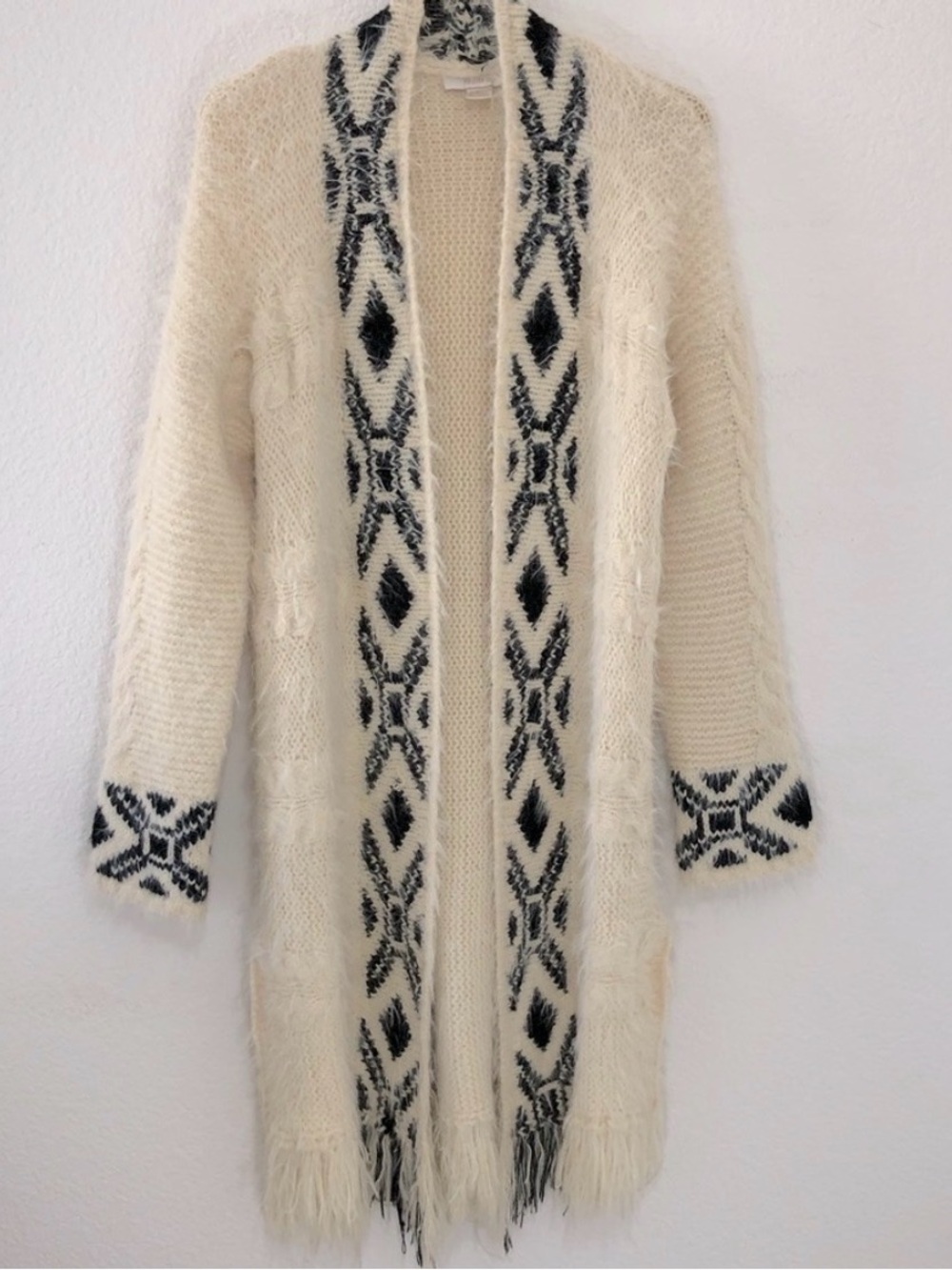 Forever 21 Ivory Knit Open-Front Cardigan with Black Geometric Trim